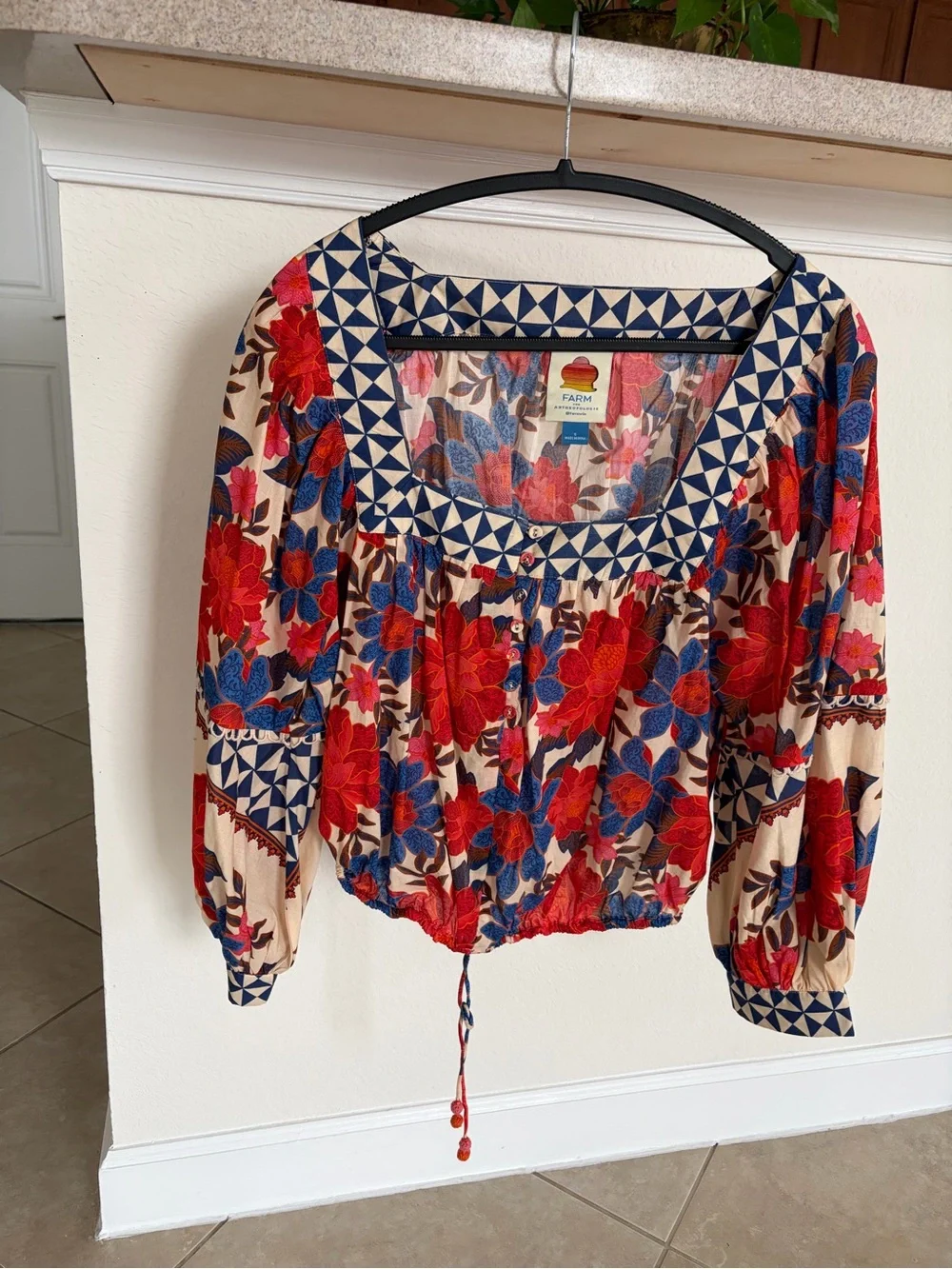 FARM Rio x Anthropologie Printed Square-Neck Puff-Sleeve Blouse